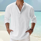 Men's Linen Shirt Popover Shirt Casual Shirt Beach Shirt Band Collar Shirt Plain Beach Vacation Blue Black White Pink Long Sleeve Henley Spring & Summer Clothing Apparel