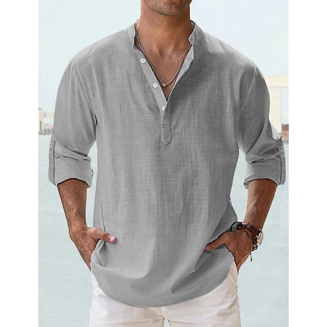 Men's Linen Shirt Popover Shirt Casual Shirt Beach Shirt Band Collar Shirt Plain Beach Vacation Blue Black White Pink Long Sleeve Henley Spring & Summer Clothing Apparel