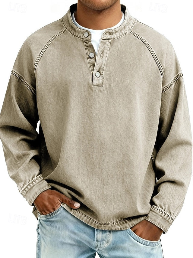 Men's 100% Cotton Acid Wash Long Sleeve Henley Shirt – Vintage Raglan Sleeve Stand Collar Casual Streetwear Top for Spring Fall Winter