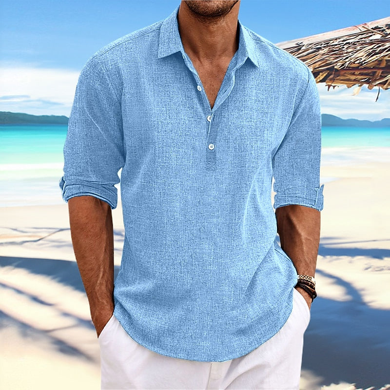 Men's Shirt Linen Shirt Summer Shirt Beach Wear Plain Vacation Casual Black White Blue Green Long Sleeve Lapel Spring & Summer Clothing Apparel