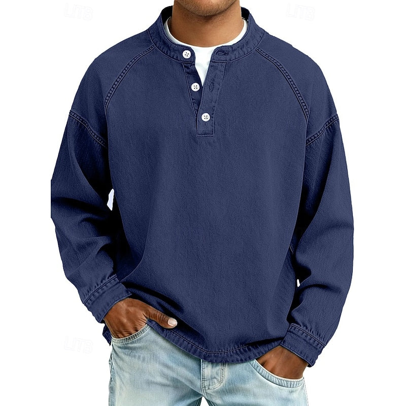 Men's 100% Cotton Acid Wash Long Sleeve Henley Shirt – Vintage Raglan Sleeve Stand Collar Casual Streetwear Top for Spring Fall Winter