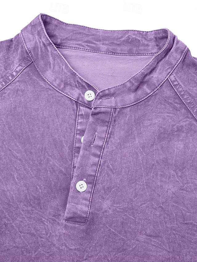 Men's 100% Cotton Acid Wash Long Sleeve Henley Shirt – Vintage Raglan Sleeve Stand Collar Casual Streetwear Top for Spring Fall Winter