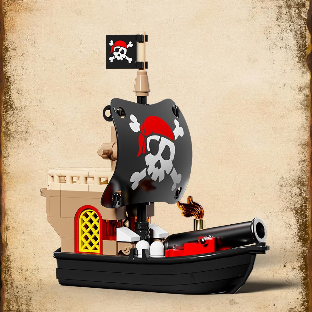 Mesiondy Pirate Island Outpost Building Set 🏴‍☠️ – 943 PCS, 13.8" Wide Pirate Hideout with Boat & Palm Tree 🌴, Compatible with Major Brick Brands 🧩