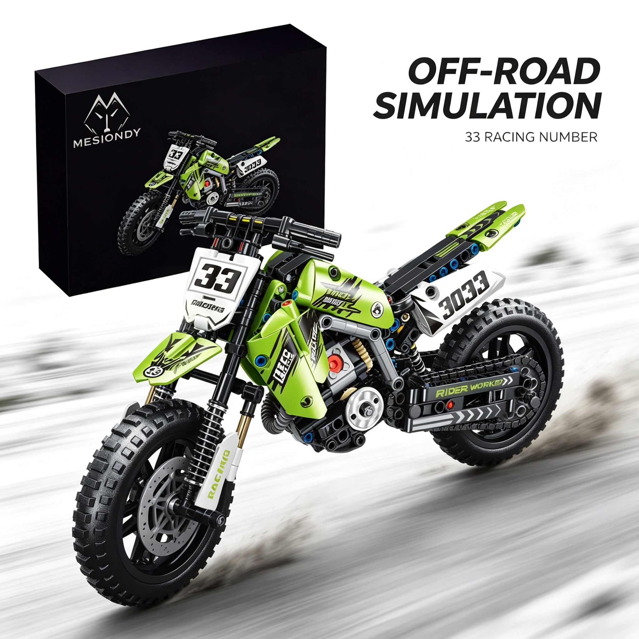 Mesiondy Championship Off-Road Dirt Bike Building Kit – 476 PCS Premium Brick System | Motocross Racing Model | Number 33 Livery