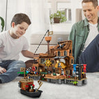 Mesiondy Pirate Island Pier Building Set 🏴‍☠️ – 573 PCS, 21.6" Long Pirate Dock & Boat Toy 🚢, Compatible with Major Brick Brands 🧩
