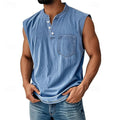 Men’s Acid Wash Cotton Tank – Sleeveless Henley with Pocket & Buttons