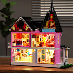 Mesiondy Enchanted Pink Victorian Manor Building Kit – 1349 PCS Premium Brick System | LED Light-Up Gothic Dollhouse | Halloween Display Collectible