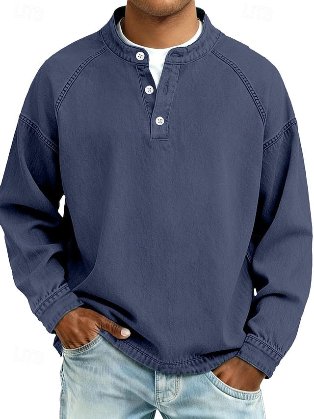 Men's 100% Cotton Acid Wash Long Sleeve Henley Shirt – Vintage Raglan Sleeve Stand Collar Casual Streetwear Top for Spring Fall Winter
